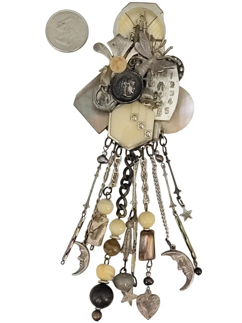 Lisa Carlson Artisan Steam Punk Multi Charm Chatelaine Brooch, Signed